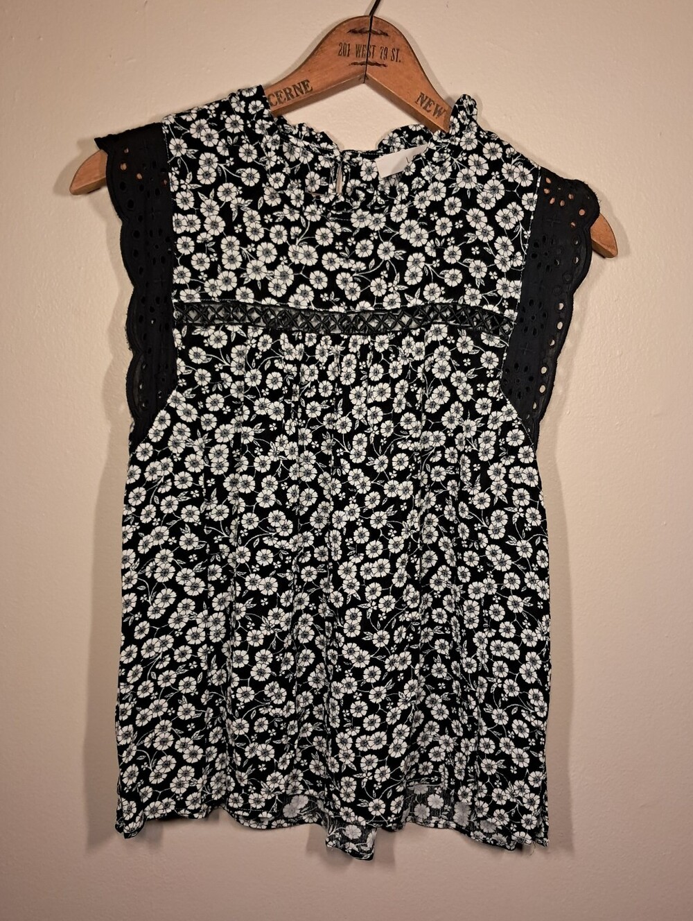 LOFT Black Blouse with White Floral Print and Eyelet Cap Sleeves
